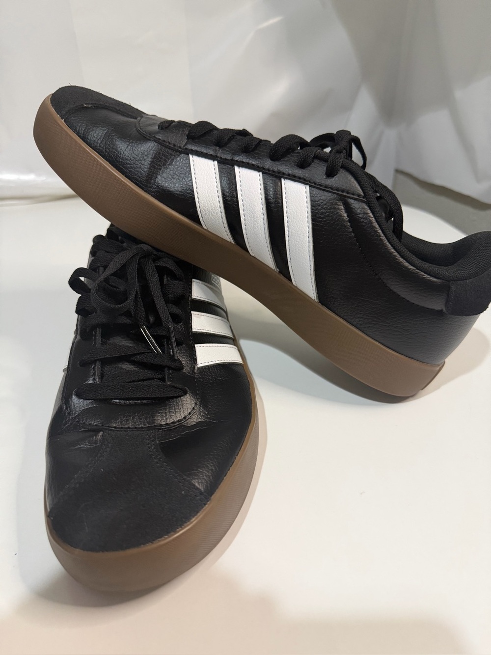 adidas Men’s Black Sneakers with White Stripes and Brown Sole